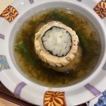 わたり温泉 鳥の海 - 太刀魚うどん巻蒸し 米茄子 隠元 生海苔餡