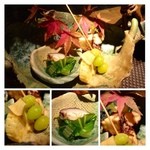 大どころ - 前菜盛り合わせ・・栗の素揚げ・マンポ柿のチーズ寄せ・焼き椎茸と白菜のお浸し・クワイのチップ・揚げ銀杏。