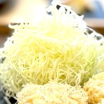 揚雫 - これだけのトンカツに、普通のキャベツであってはならない。 キャベツはより細く刻んでるだけではないようです。 包丁と切り方が違うんだと思います。 食感が違います。 繊細で全くもさもさしません。 トンカツにキャベツは不要、むしろ草すぎで邪魔、とさえ感じてきた僕とって、初めて、トンカツにはキャベツが旨いと感じました。