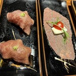 にくはじ - 肉寿司2種味とクリームチーズ乗せ