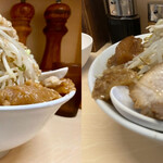 自家製ラーメン大者 - 左が大盛り3枚、右は大盛り1枚で違いがわかると思います。