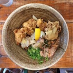 ゆうすけ - とり天ぶっかけミニ盛り(温玉、まいたけ天に変更)