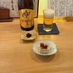 蕎麦切り かんべえ - 蕎麦豆腐、ヱビスには蕎麦味噌が添えられました