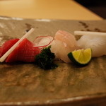 銀座 小十 - お造り 鮪 鮃 アオリイカ 鮟肝少々