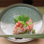 天然ふぐの刺身と皮の湯引き、天然車海老の刺身