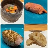 鮨 urag - ⤴︎・富士山サーモン鰹だし煎り酒盗・赤貝 ⤵・甘海老昆布〆・柳田蓮根天ぷら