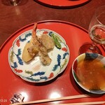 日本料理Obana - 紅はるか海老舞茸の天ぷら