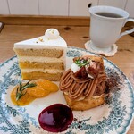 喫茶 tameiki - 別の日✨️早生みかんと金木犀のショートケーキ820円、栗のスコーンサンド830円、薬膳茶(風月)600円▲セット割引50円✨️スコーンは栗にビターチョコムース、フランボワーズソースも美味！