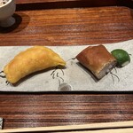 廣澤 - 岩手産松茸と車海老パイ、カマスと中国産松茸の春巻き