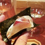 イタリア料理 今井 - 愛媛県藤本さんの縞鯵とモッツァレラ、有明産海苔敷き