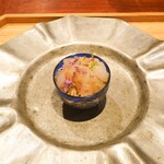 イタリア料理 今井 - 冷製カッペリーニ、富山産牡丹海老（とやまえびとも言う）、頭とカラでとったスープ載せ