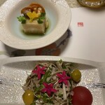 深雪温泉 - 手前)蕎麦サラダ　奥)養老羹