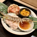 鮨 喜一 - 活車海老しゃぶ/香箱蟹雲丹のせ