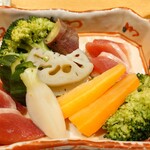 自家製粉そば 幸町 満留賀 - 温野菜と鴨の生ハム