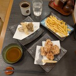 杵屋 - 注文：　▽ポテトフライ---税込410円　▽鶏の唐揚げ---税込670円　▽野菜天(エリンギ・茄子)---税込420円