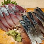 寿し晴 - 刺身 ふくらぎ 〆鯖  ふくらぎは 新鮮で臭みも無く程よい脂がのって とても美味しい   〆鯖は とても美味しい