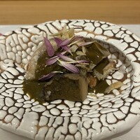 割烹 一楓 - 煮鮑、海老芋の唐揚げ、肝ソース、ポテトチップス