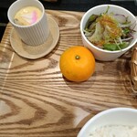 ど鉄板 なべきん 柳ヶ瀬 - サラダ　和風ドレッシング　茶碗蒸しは味薄め　ミカン