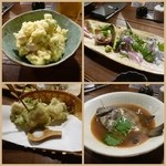 うえ山 - 刺し身盛り合わせ、太刀魚の梅しそ挟み揚げ、ポテトサラダ、石鯛（サンバソウ）の煮付け