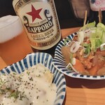 大衆日本酒バル ふとっぱらや 船橋店 - 「瓶ビール（大）¥640-」「ポテトサラダ¥290-」「もつ煮込み¥390-」