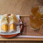 菓舗 カズナカシマ - ソフトドリンクset（大福/ゴールドキウイ,柿、加賀棒茶(冷)）
