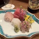 善や - お任せの刺身(キハダ、イカ、鯵、鯛)たち