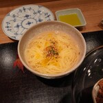 やまぐち - トマト水の素麺、こっぺメスズワイガニ、ハーブのサラダ