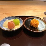 御料理 ふじ田 - 甘味：ラフランス、クインルージュ、マスカット（アングレーズソース）、喜茂別産ETカボチャのきんとん
