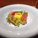 しまなみふれんち Murakami - 前菜﻿ 『サブレ豚肉のパテ（イチジクのジュレ）』『カンパチのマリネ　ニンジンのムース』