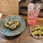 南国酒場PORCO - ナスとゴーヤの揚げ浸し　お通しの枝豆は桜海老の旨煮的なやつで美味しかった