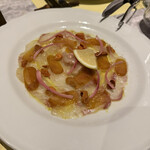 ＆GRILL - 北海道産昆布〆天然寒ヒラメ、北海道産生ウニ、自家製カラスミのカルパッチョ