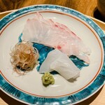 温石 - 6kgのキジハタと障泥烏賊のお造りです。障泥烏賊は塩でいただきました