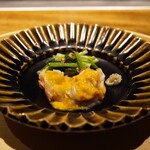 温石 - ●焼津の伊勢海老 味噌ソース掛け、壬生菜(みぶな)お浸し