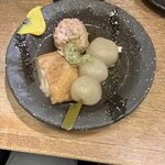 月山 - おでん3品盛り合わせ、名物玉こんにゃく