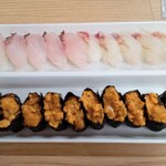 漁港食堂 - 鯛湯引き　ホウボウ湯引き　ウニ