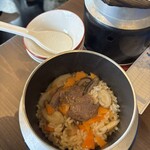 三輪そうめん流し - 鹿肉釜飯炊き上がり