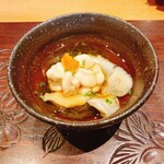 天ぷら たけうち - 鱈の白子、岩もずく、くらげ、平貝