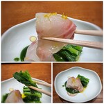 Refugeforestiere 五島 - 石垣鯛は鮨店で頂く事が多いのですが、厚くスライスされているので噛むと旨味が広がり 弾力ある食感も愉しめとても美味しいですね。 いつもながらソースの味わいがいいので、より美味しく感じます。