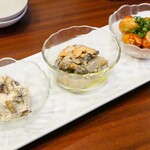 学大居酒屋nicome - 選べる3種盛り 栗のチーズ白和え、カキのガーリックオイル漬け、うずらチャンジャ