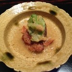 神楽坂 石かわ - 揚げ物：鴨肉・鴨と椎茸・芽蕪をみぞれ餡で