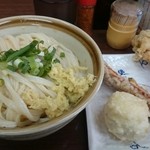 宇野製麺所 - ひやうどん(大)と天ぷら3点