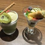 ワンカルビ - 抹茶のアイスクレープパフェ と抹茶ロールケーキをのせた抹茶ラテ　2025.12