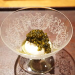 膳処末富 - ●キャビアと豆腐のエスプーマ 薪オイル掛け