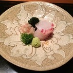 神楽坂 石かわ - 造里：玄界灘の鯛・生海苔・大葉・茗荷を山葵醤油で