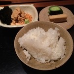 神楽坂 石かわ - 香の物：長芋の醤油漬け・胡瓜の糠漬け・有馬山椒で炊いた昆布　