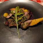 OSTERIA NAKANO - 長崎県の猪　　噛み応え有るけど癖は無し　　祖父江の銀杏　干し芋　リンゴのコンポート　エリンギ等脇役が美味しかったです