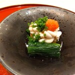 日本料理 よこ倉 - 先附 鮟肝雲子ぽんず、菠薐草（赤玉(もみじおろし)、青葱のせ）