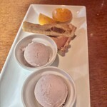 ラ・バラッカ - デザートミニ盛り合わせ　手前にマロンシャーベット、パイ、オレンジ