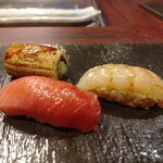 鮨 さかな - 最も美味しかった３品、中トロ、赤海老の昆布〆、穴子