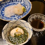 道人 - ④虎河豚(山口県下関産)
      産卵は夏、旬は春～夏と旨み増す秋～冬
      虎河豚白子入りポン酢添え
      ⑤伊勢海老(兵庫県淡路島産)
      産卵は初夏～秋、旬は秋～冬